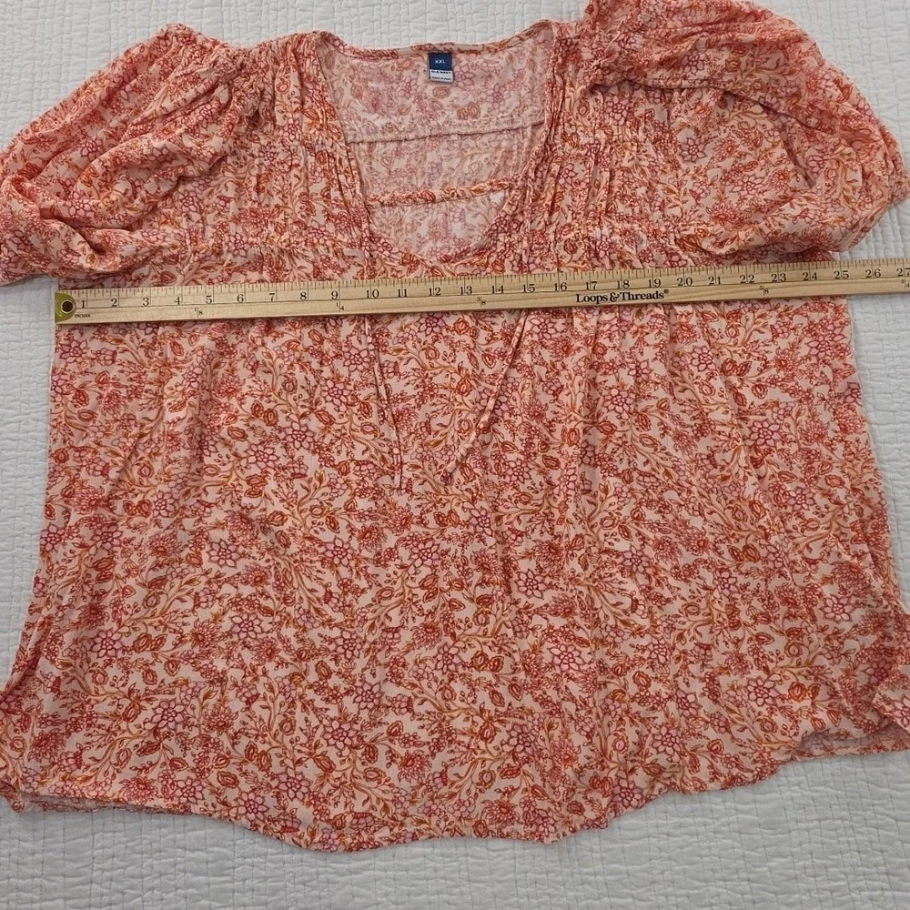 Old‎ Navy Puff Sleeve Tunic Blouse Womens XXL Orange Floral 3/4 Sleeve Bohemian